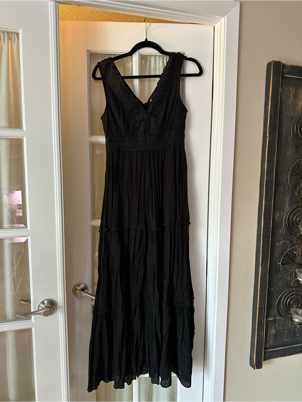 Women's Black V-Neck Maxi Dress with Crochet Detail